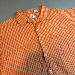 Green Dog Mens XL Orange Plaid Cotton Short Sleeve Button Down Shirt Nepal Vtg